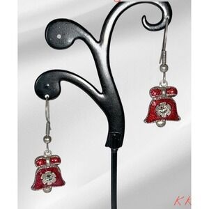 Laila Rowe Red Enamel Christmas Bell Drop Earrings Rhinestone Holiday